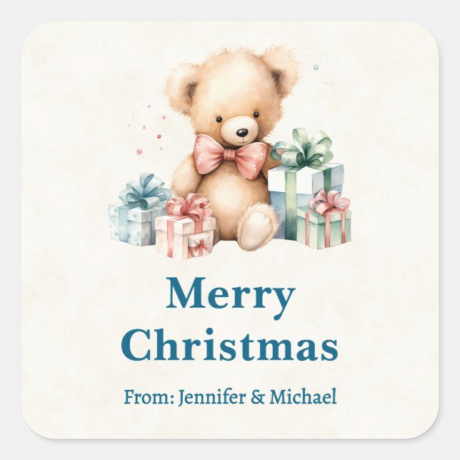Cute Teddy Bear with Christmas Presents Square Sticker (Front)