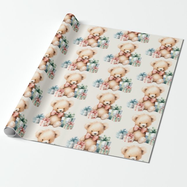 Cute Teddy Bear with Christmas Presents Wrapping Paper (Unrolled)