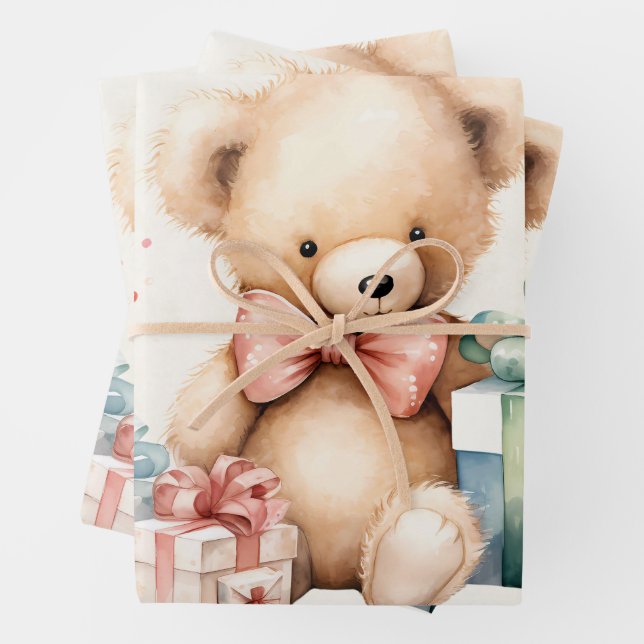 Cute Teddy Bear with Christmas Presents Wrapping Paper Sheet (In situ)