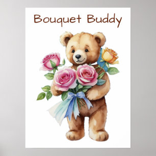 Cute Teddy Bear with Flower Bouquet Poster 