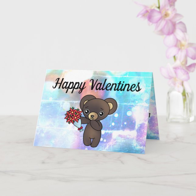 Cute Teddy Bear with Flowers for Valentines Card (Orchid)