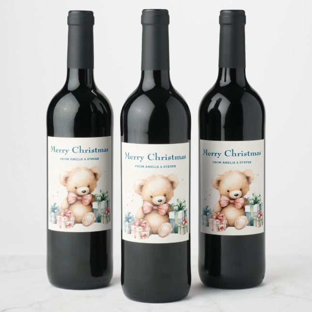 Cute Teddy Bear with Gifts Merry Christmas Wine Label (Bottles)