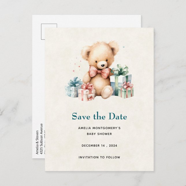 Cute Teddy Bear with Gifts Save the Date Announcement Postcard (Front/Back)