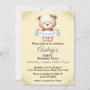 Cute Teddy Bear with Happy Birthday Banner Invitation