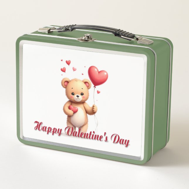 Cute Teddy Bear with Heart – Happy Valentine’s Day Metal Lunch Box (Front)