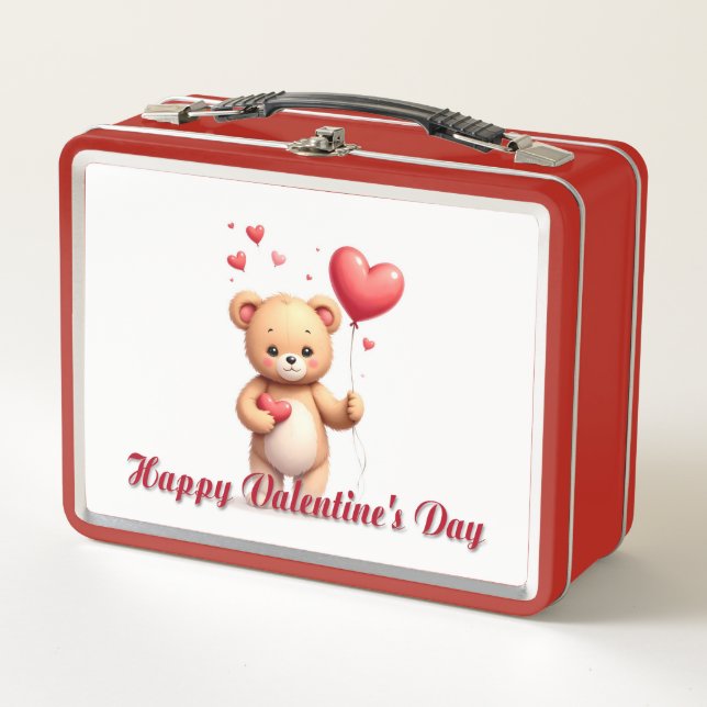 Cute Teddy Bear with Heart – Happy Valentine’s Day Metal Lunch Box (Front)