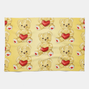 Cute Teddy Bear With Heart Pattern Yellow For Girl Tea Towel