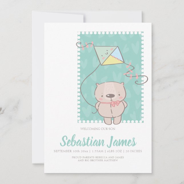 Cute Teddy Bear With Kite New Baby Announcement (Front)