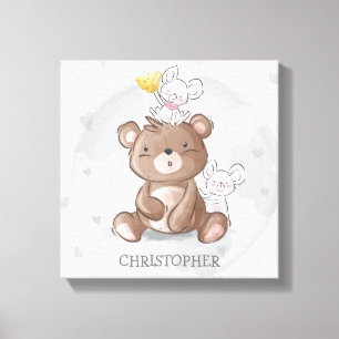 Cute teddy bear with mouses boy nursery canvas print