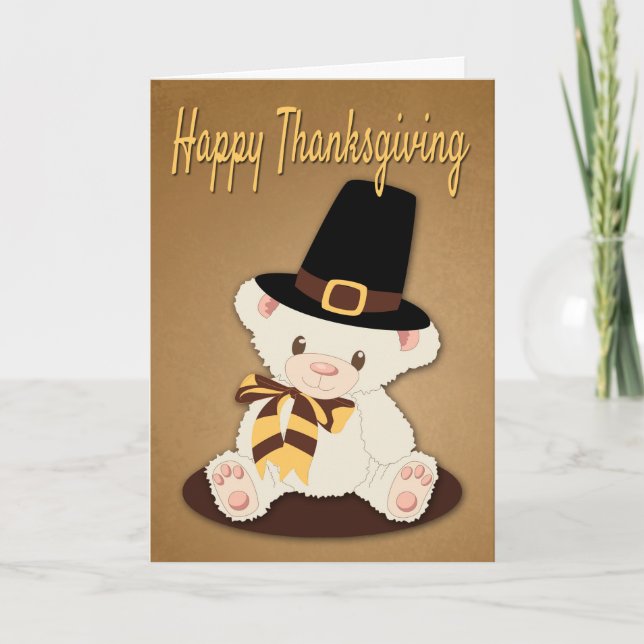 Cute Teddy Bear with Pilgrim Hat for Thanksgiving Holiday Card (Front)