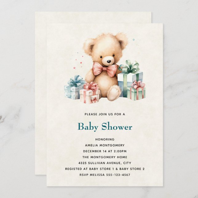 Cute Teddy Bear with Presents Baby Shower Invitation (Front/Back)