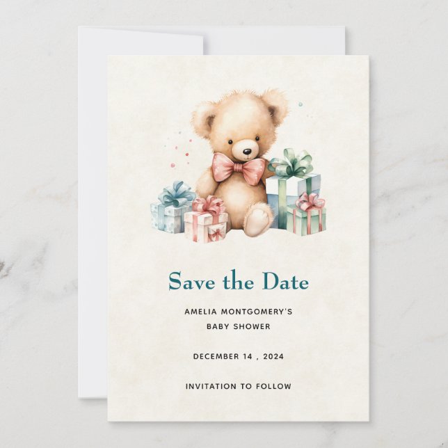 Cute Teddy Bear with Presents Baby Shower Save The Date (Front)