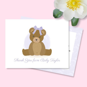 Cute Teddy Bear with Purple Bow Baby Girl Shower Thank You Card