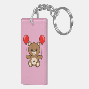 Cute Teddy Bear with Red Balloons Cartoon Key Ring