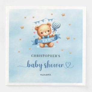 Cute teddy bear with ribbon it's a boy baby shower napkin