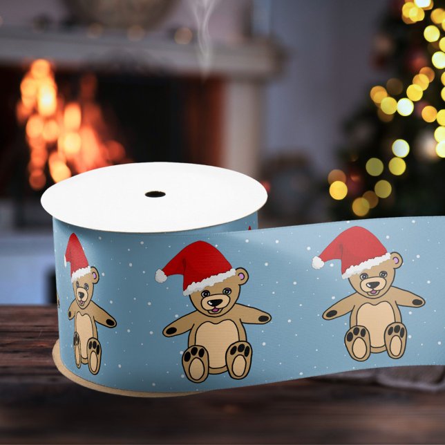 Cute Teddy Bear with Santa Hat Blue Christmas  Satin Ribbon (Creator Uploaded)