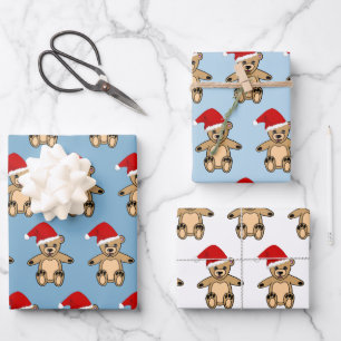 Cute Teddy Bear with Santa Hat Blue Christmas Wrapping Paper Sheet