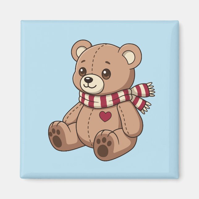 Cute Teddy Bear with Striped Scarf Blue Magnet (Front)
