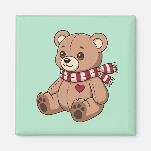 Cute Teddy Bear with Striped Scarf Green Magnet (Front)