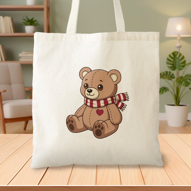Cute Teddy Bear with Striped Scarf Tote Bag (Creator Uploaded)