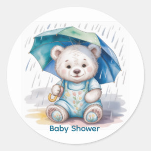 Cute Teddy Bear With Umbrella Boy Baby Shower Classic Round Sticker