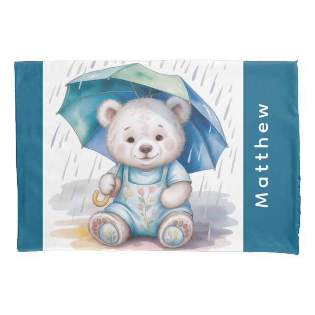 Cute Teddy Bear With Umbrella Boy Baby Shower Gift Pillowcase (Front)