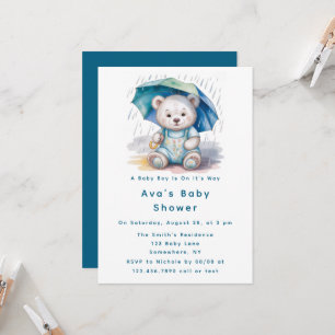 Cute Teddy Bear With Umbrella Boy Baby Shower  Invitation