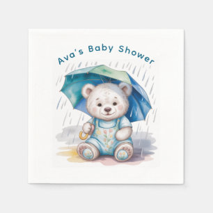 Cute Teddy Bear With Umbrella Boy Baby Shower Napkin