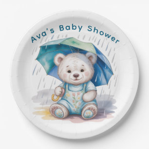 Cute Teddy Bear With Umbrella Boy Baby Shower Paper Plate
