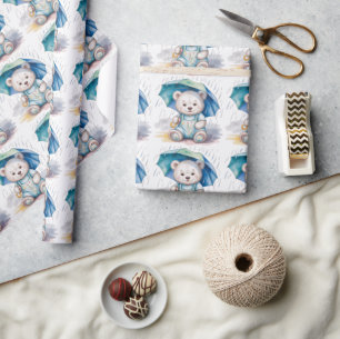 Cute Teddy Bear With Umbrella Boy Baby Shower Wrapping Paper