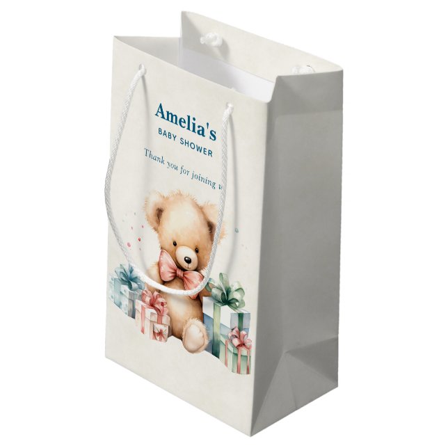 Cute Teddy Bear with Wrapped Presents Baby Shower Small Gift Bag (Back Angled)