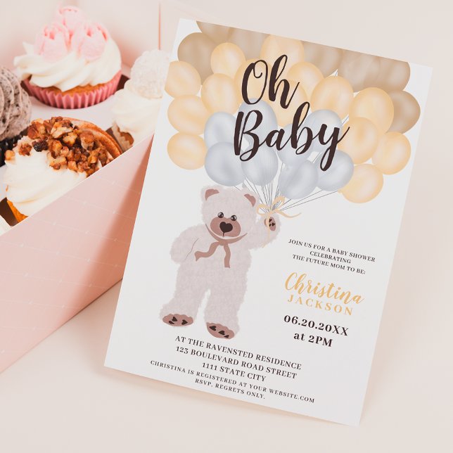Cute teddy bear yellow balloon neutral baby shower invitation (Creator Uploaded)