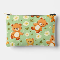 Cute teddy bears and leaves pattern green