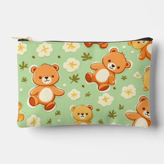 Cute teddy bears and leaves pattern green accessory pouch (Front)
