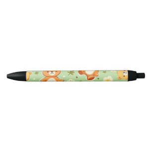 Cute teddy bears and leaves pattern green black ink pen