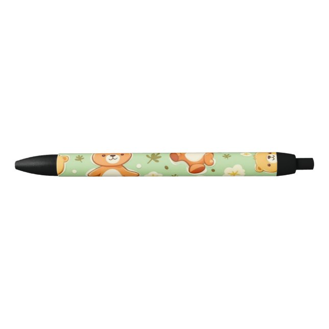 Cute teddy bears and leaves pattern green black ink pen (Front)