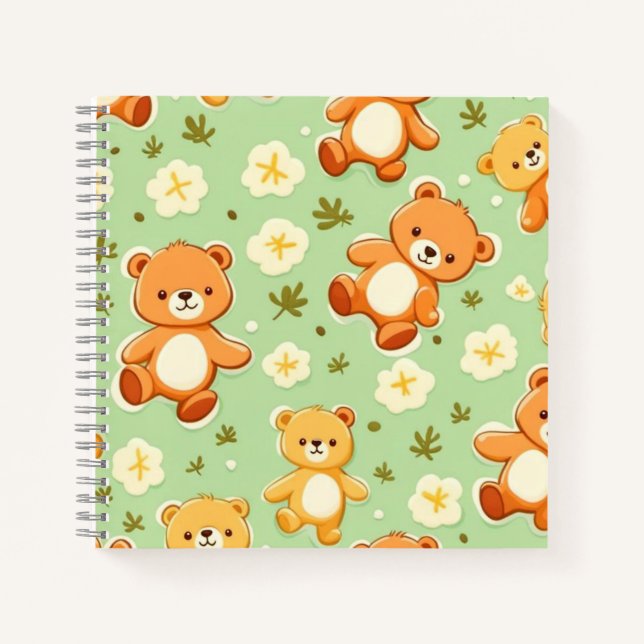 Cute teddy bears and leaves pattern green notebook (Front)