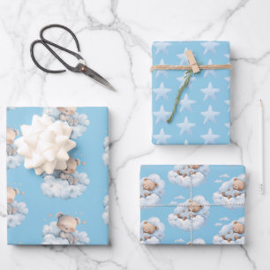 Cute Teddy Bears and Stars Blue Wrapping Paper Sheet