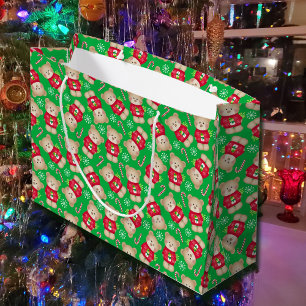 Cute Teddy Bears Candy Canes Red Green Christmas Large Gift Bag