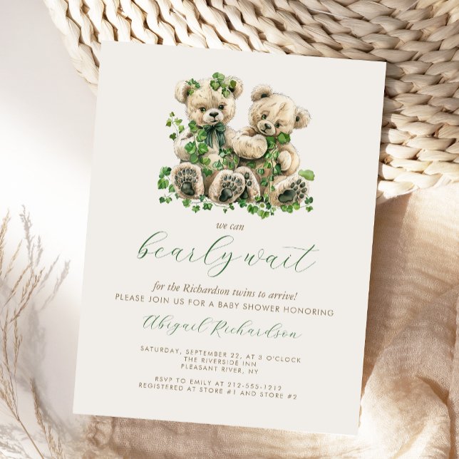 Cute Teddy Bears Green Ivy Twins Baby Shower Postcard (Creator Uploaded)