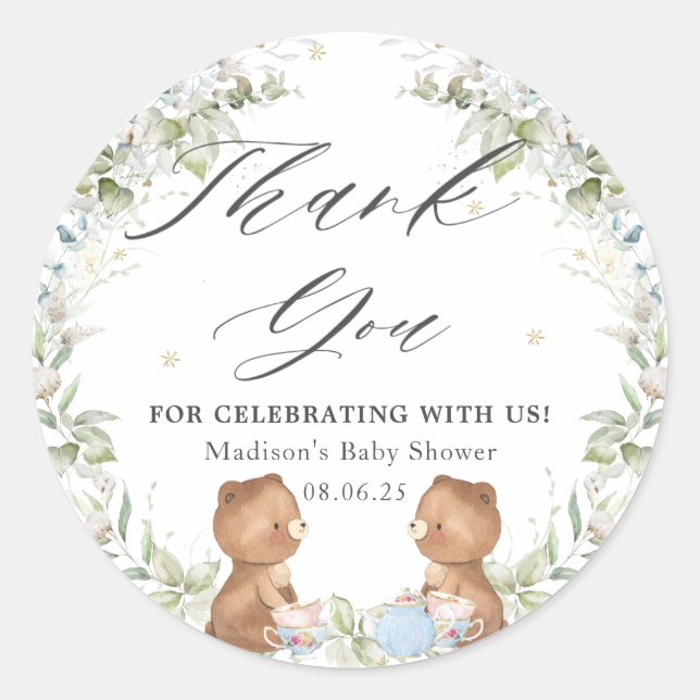 Cute Teddy Bears High Tea Party Twins Baby Shower  Classic Round Sticker (Front)