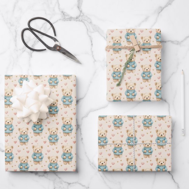 Cute Teddy Bears in Blue Sweaters Wrapping Paper Sheet (Front)