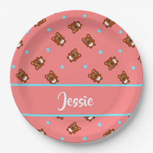 Cute teddy bears on pink paper plate