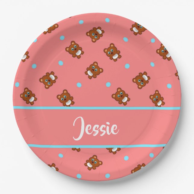 Cute teddy bears on pink paper plate (Front)