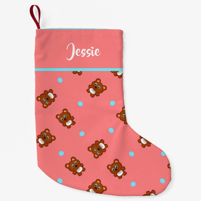 Cute teddy bears on pink small christmas stocking (Front)