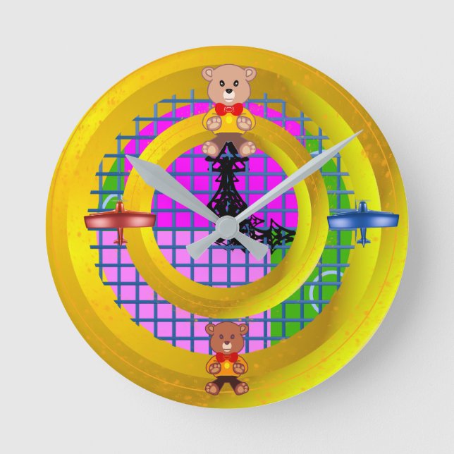 Cute Teddy Bears Planes Round Clock (Front)