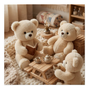 Cute Teddy Bears Playing In Cosy Room Toys Fleece Poster