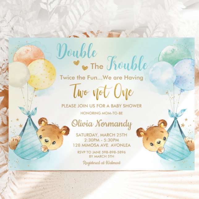Cute Teddy Bears Twin Boys Twin Blue Baby Shower Invitation (Creator Uploaded)