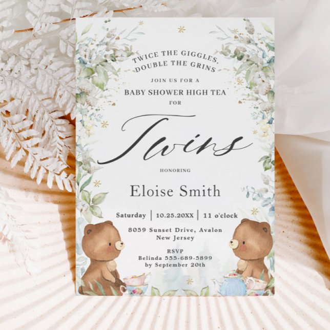 Cute Teddy Bears Twins High Tea Party Baby Shower Invitation (Creator Uploaded)