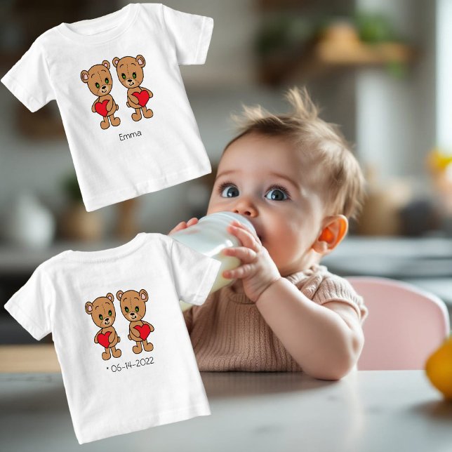 Cute teddy bears with red hearts, personalised  baby T-Shirt (Creator Uploaded)